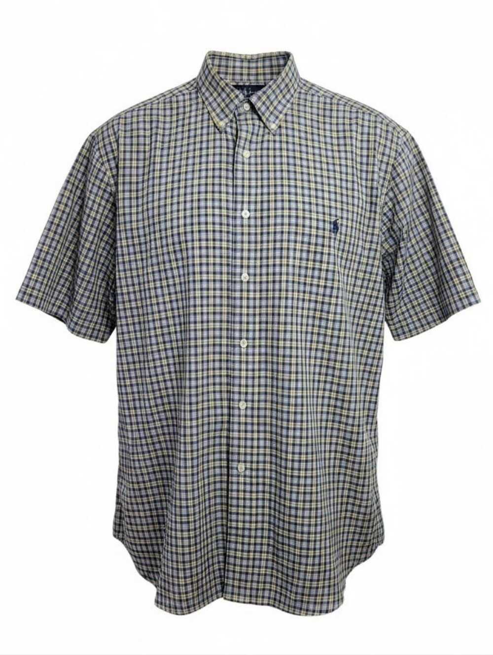 Raloh Lauren men's XLT button down short sleeve plais shirt blue yellow white